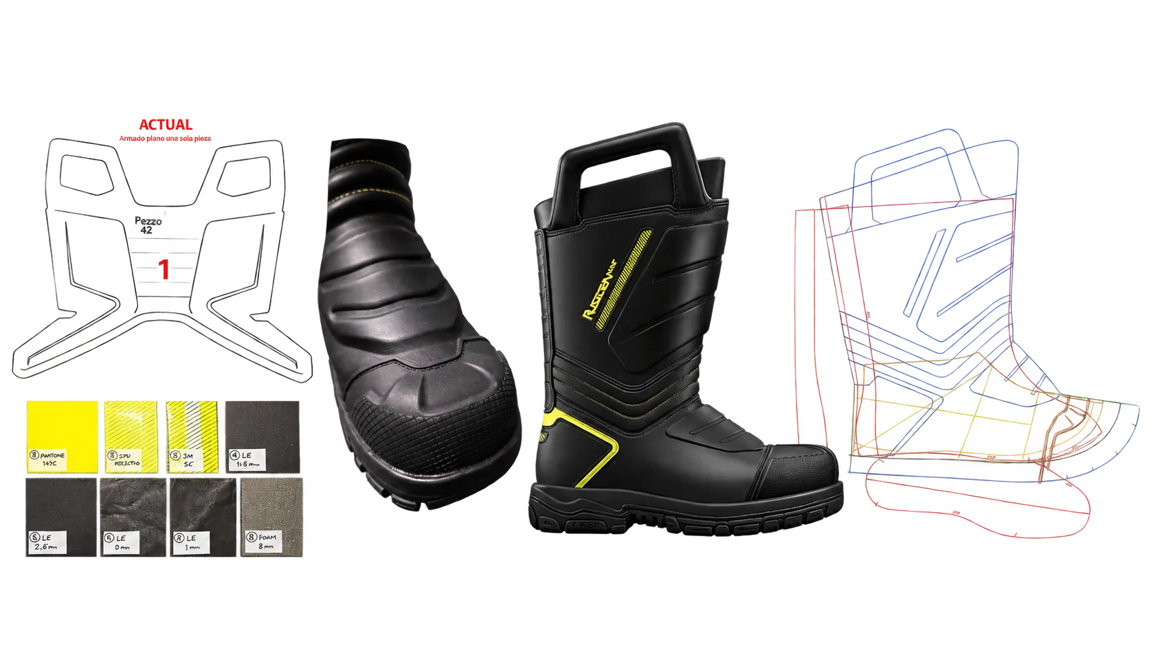 Ruggen boot render next to its pattern outlines and material swatches