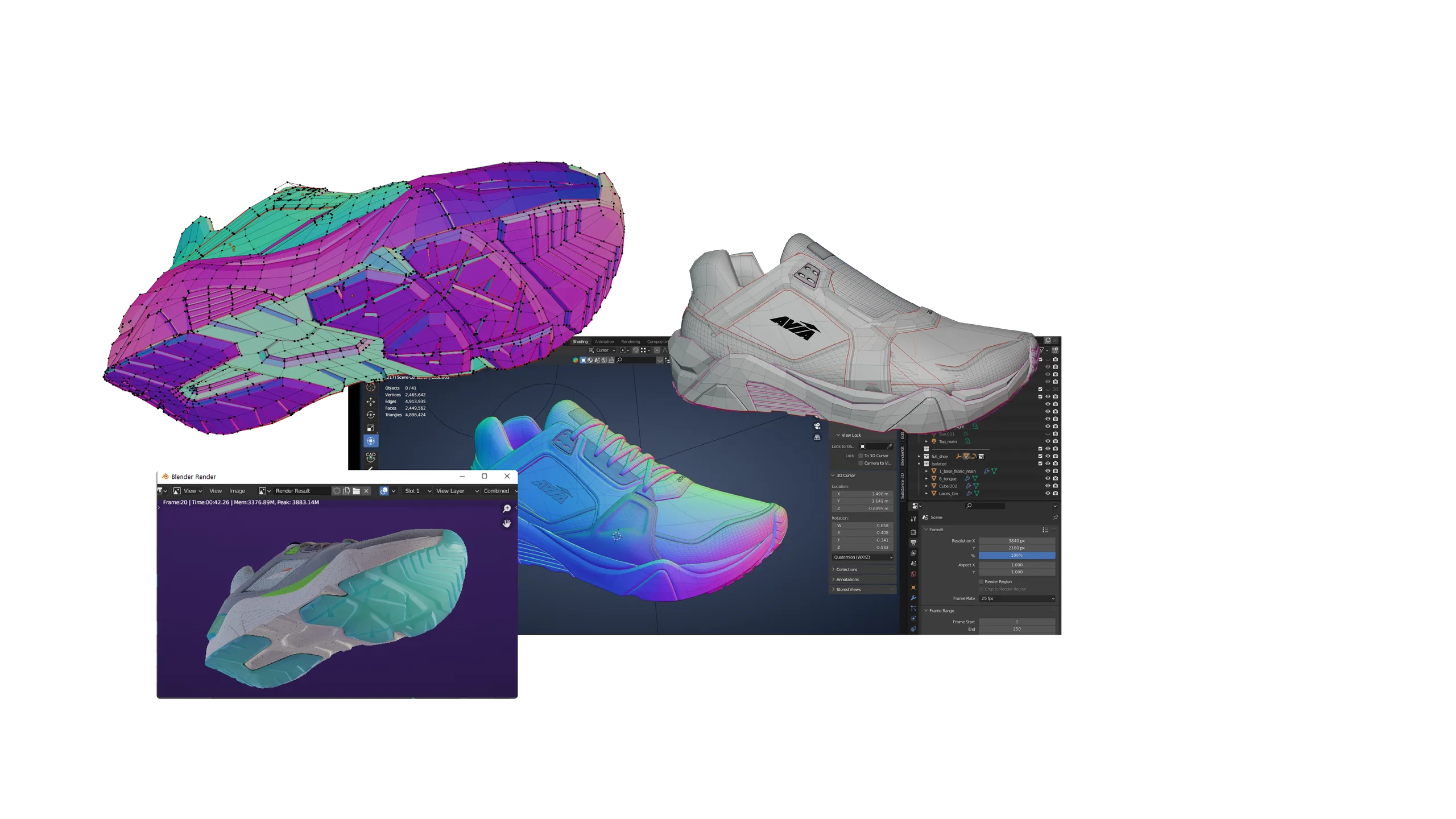 3D model of the 2070: topology, UV map and Blender render